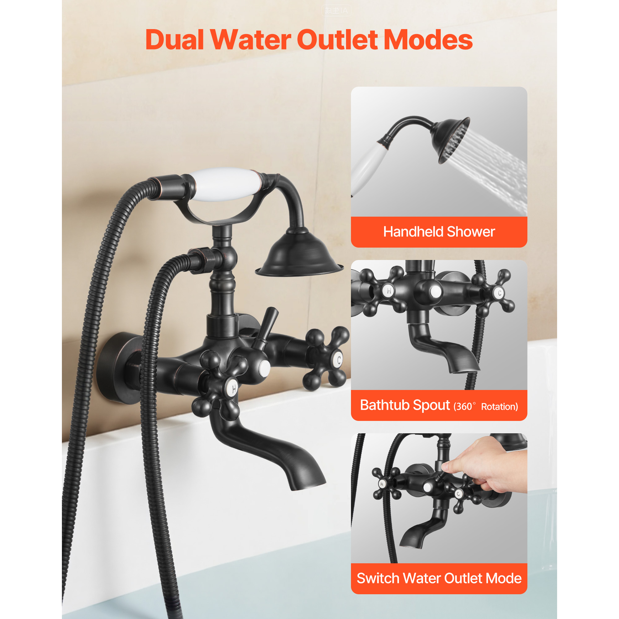 KFFKFF Wall-Mounted Clawfoot Tub Faucet with Handheld Shower, Vintage Oil-Rubbed Bronze Bathtub Filler Kit Featuring Adjustable Swing Arms and 360° Rotating Spout