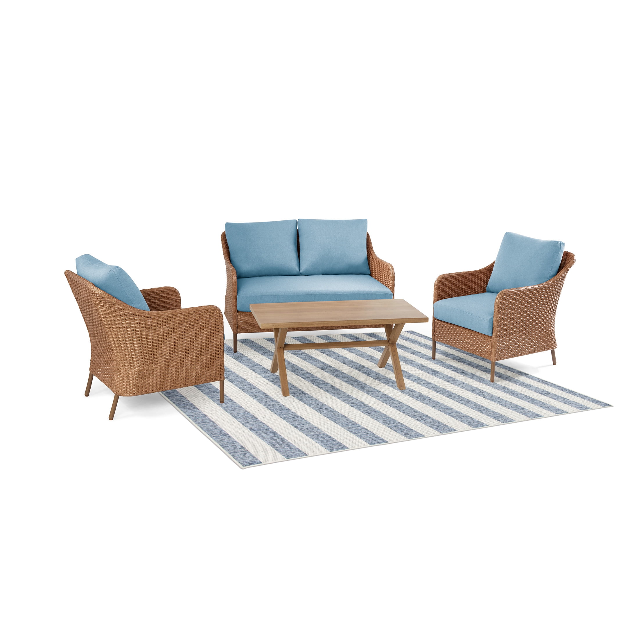 Mainstays Blue and White Striped Coastal Cabana Woven Outdoor Rug, 5'x7'