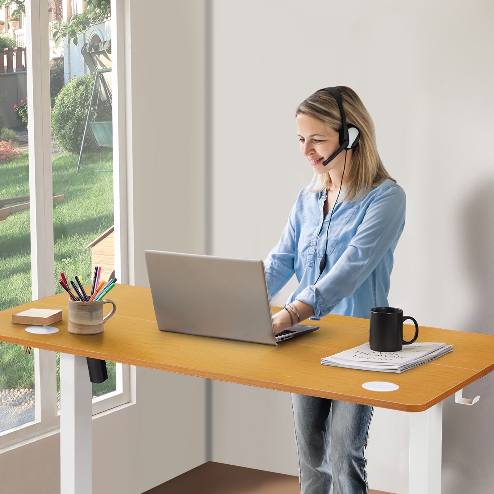 CONCETTA Electric Height Adjustable Desk, 48"x24" Ergonomic Sit Stand Workstation, One-Touch Lift Home Office Desk, Oak