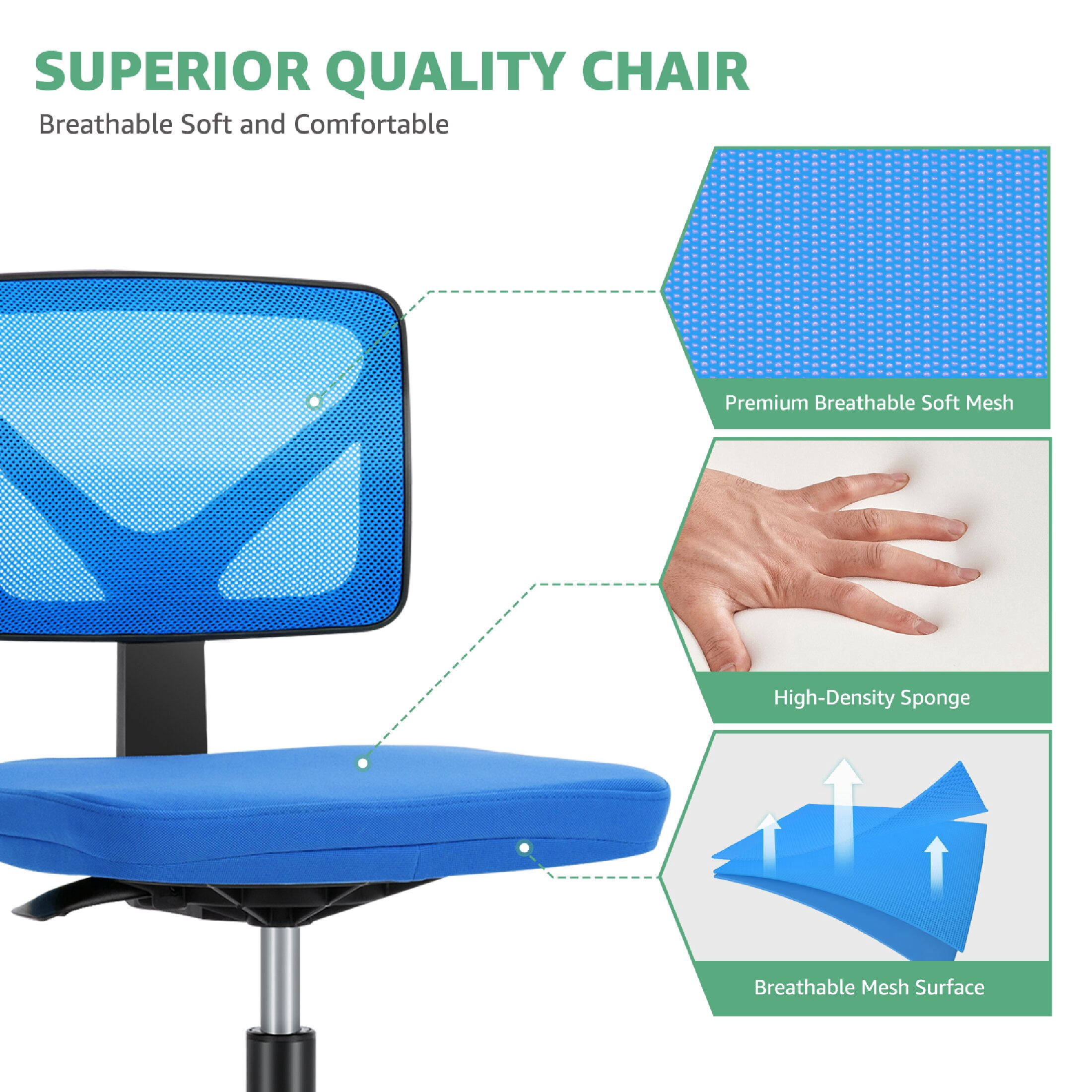 CONCETTA Armless Office Computer Desk Chair, Ergonomic Low-Back Mesh Rolling Work Swivel Chairs with Wheels,  Blue