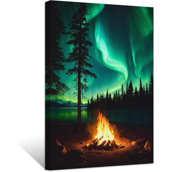 ZHONGYUTONG Northern Lights Wall Art Aurora Borealis Painting Forest Mountain Canvas Prints Nature Landscape Home Decor Framed (24.00" x 36.00")