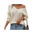 thumbnail image 2 of Women'S Trendy V Neck Hollow Knit Long Sleeve Loose Pullover Sweater Apricot Color XL, 2 of 9