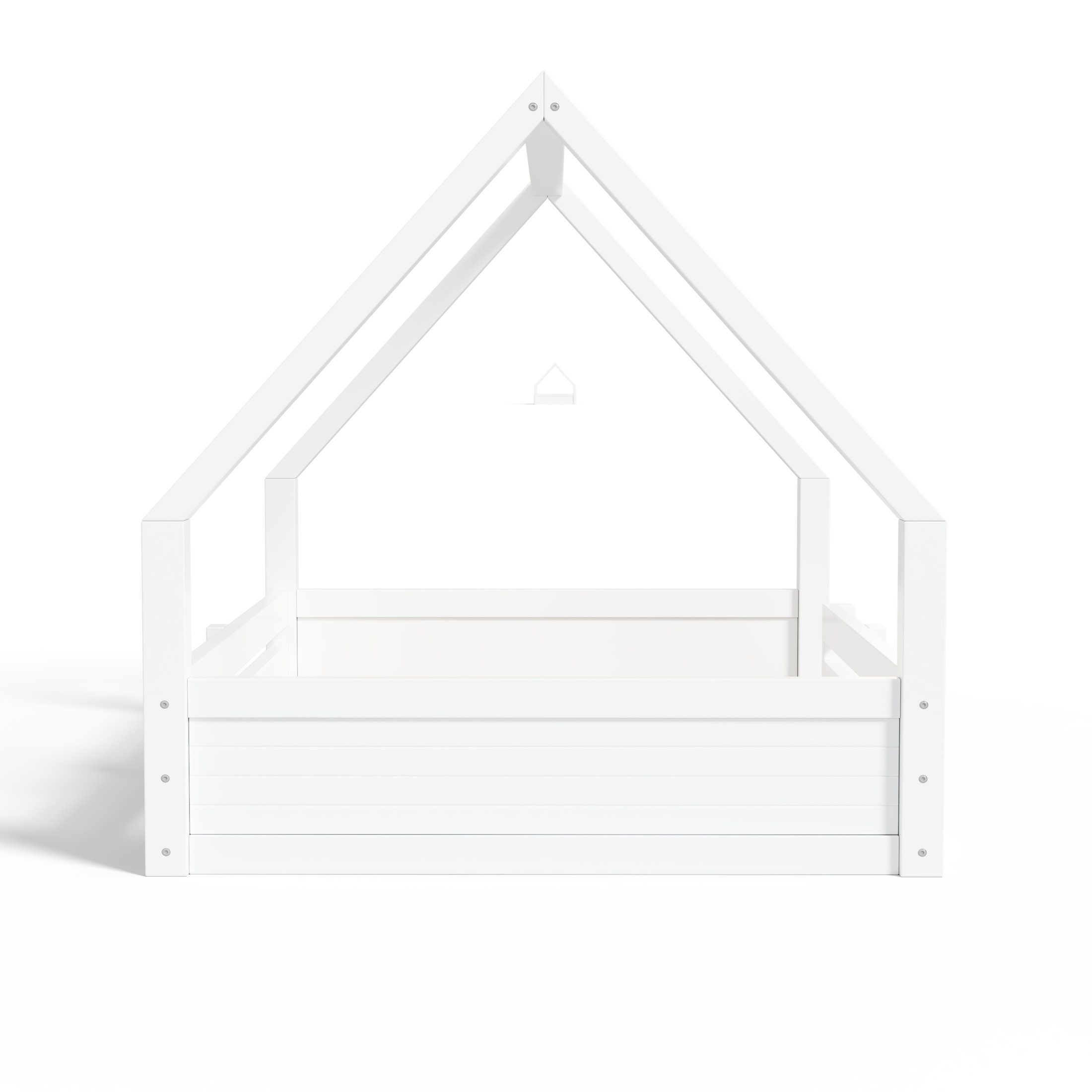 Noble House Salma Full Size House Floor Wooden Bed with Roof Frame & Grooved Panels, Safety Guardrails, White