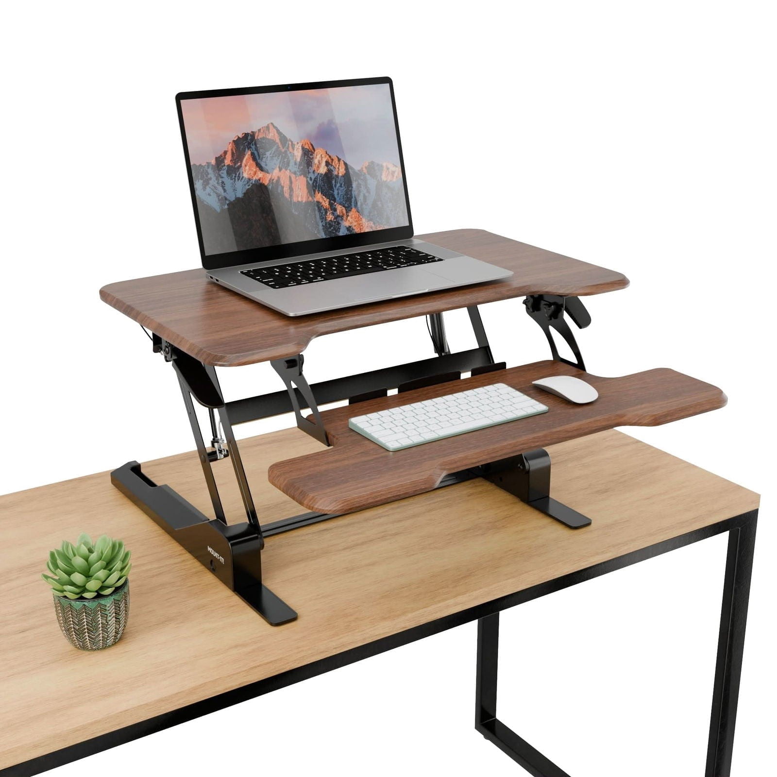 30'' Compact Standing Desk Converter – Height Adjustable Sit Stand Riser with Keyboard Tray, Gas Spring Lift – Ideal for Small Spaces, Home or Office, Dark Walnut