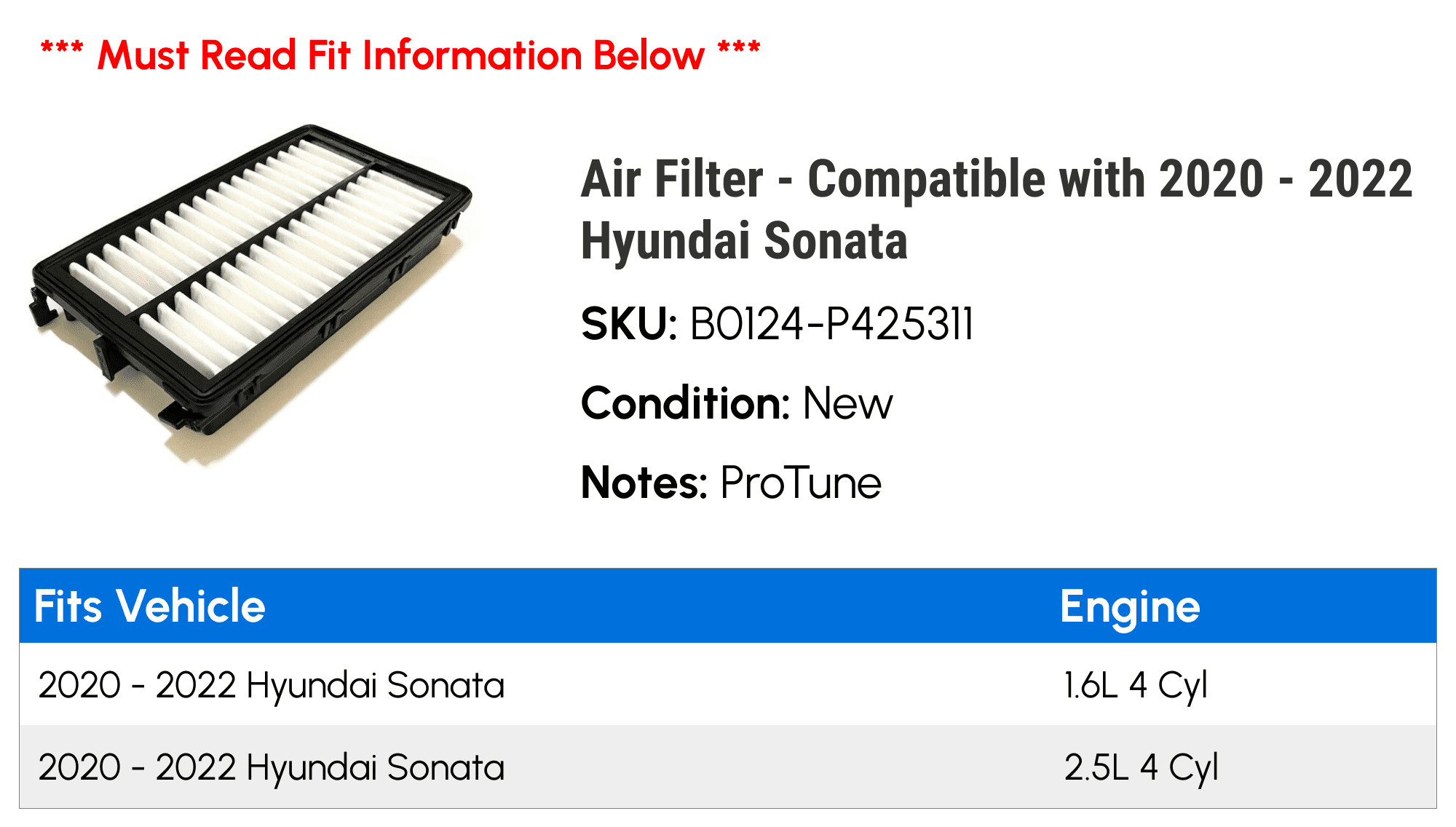 API ProTune Engine Air Filter B0124-P425311 for 2020-2022 Hyundai Sonata