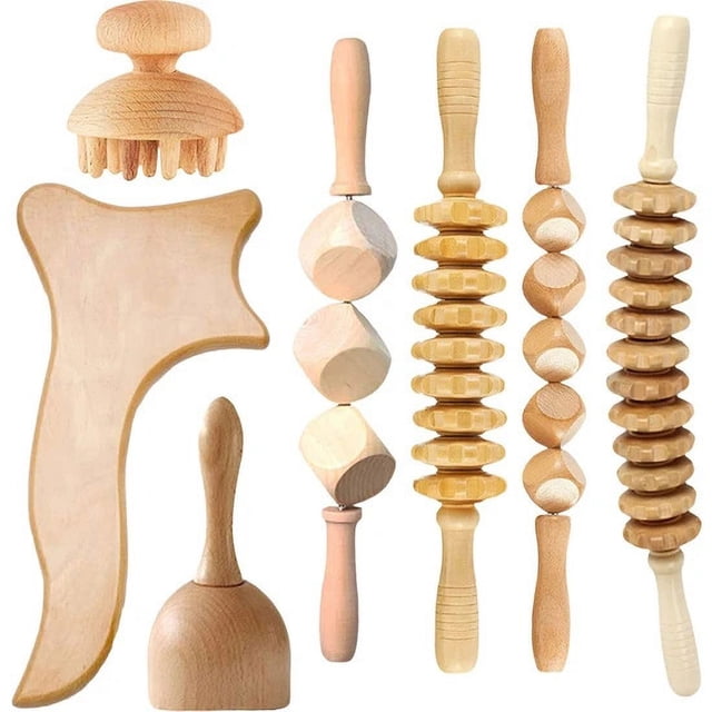 Herramientas Kit de drenaje linfático 7 en 1, masajeador de madera, herramientas para esculpir el cuerpo para aliviar el dolor muscular, anticelulitis