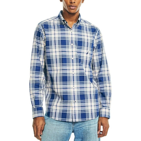 Nautica Mens Collared Plaid Button-Down Shirt