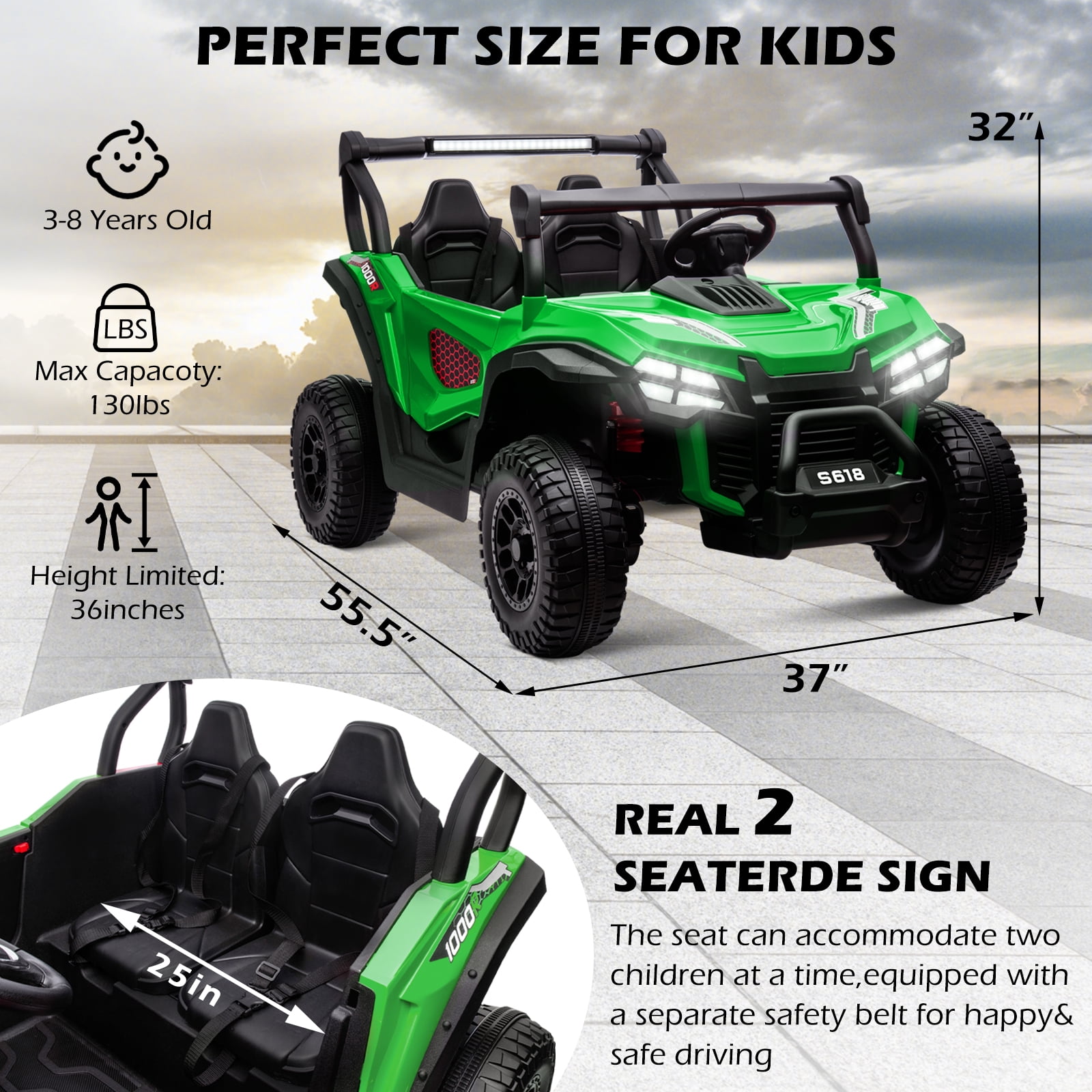 OTTORD 24V Ride on Cars 2 Seater, 4WD Electric Cars Vehicles for Adults and Kids（Green）