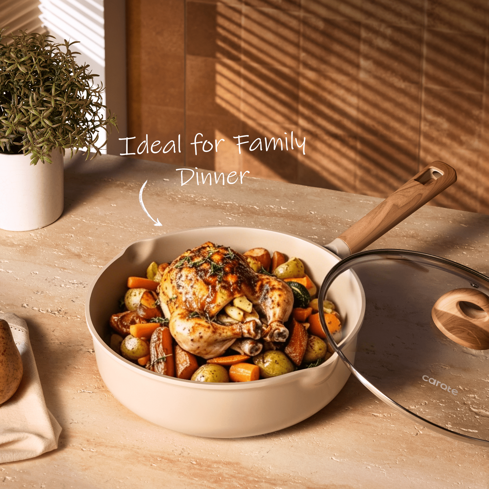 Carote 5QT Ceramic Non Stick Frying Pan Skillet with Lid, Jumbo Cooker with Induction 11inch Large Deep Frying Pan, Non-Toxic Sauté Pan,Taupe