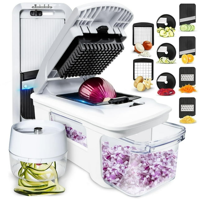 Cortador de Verduras, Picador de Verduras Multifunción 9 en 1, Picador de Cebollas con 9 Cuchillas de Acero Inoxidable, Cortador de Alimentos Incluye Espiralizador de Mano, Aparatos de Cocina