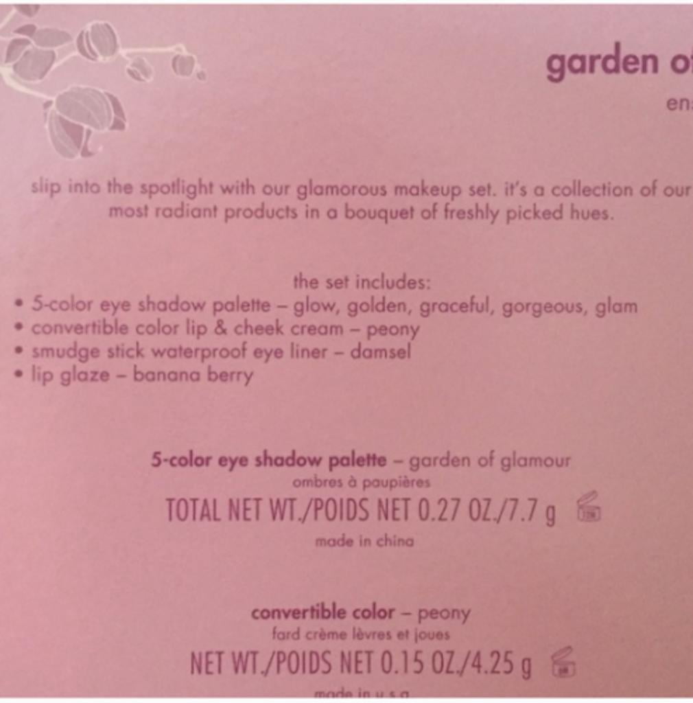 Stila Garden Of Glamour Set 5 Eye Shades- Peony Convertible Color -Liner Damsel