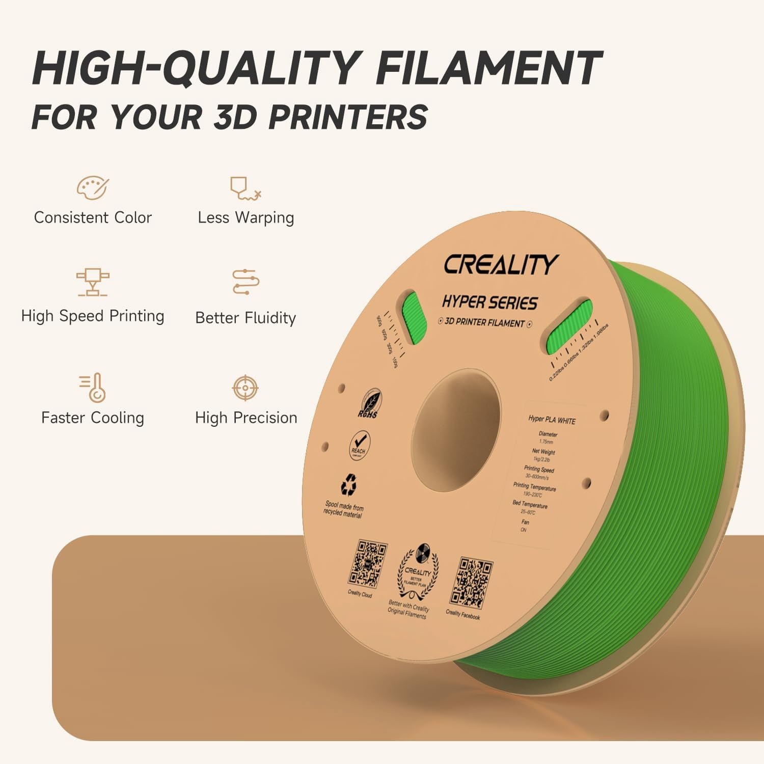 Official Hyper PLA Filament 1.75mm, High Speed PLA 30-600mm/s Rapid 3D Printer Filament, Dimensional Accuracy +/-0.02mm, Stronger Toughness, Fit Most FDM 3D Printers，1KG(2.2lbs) Spool Green