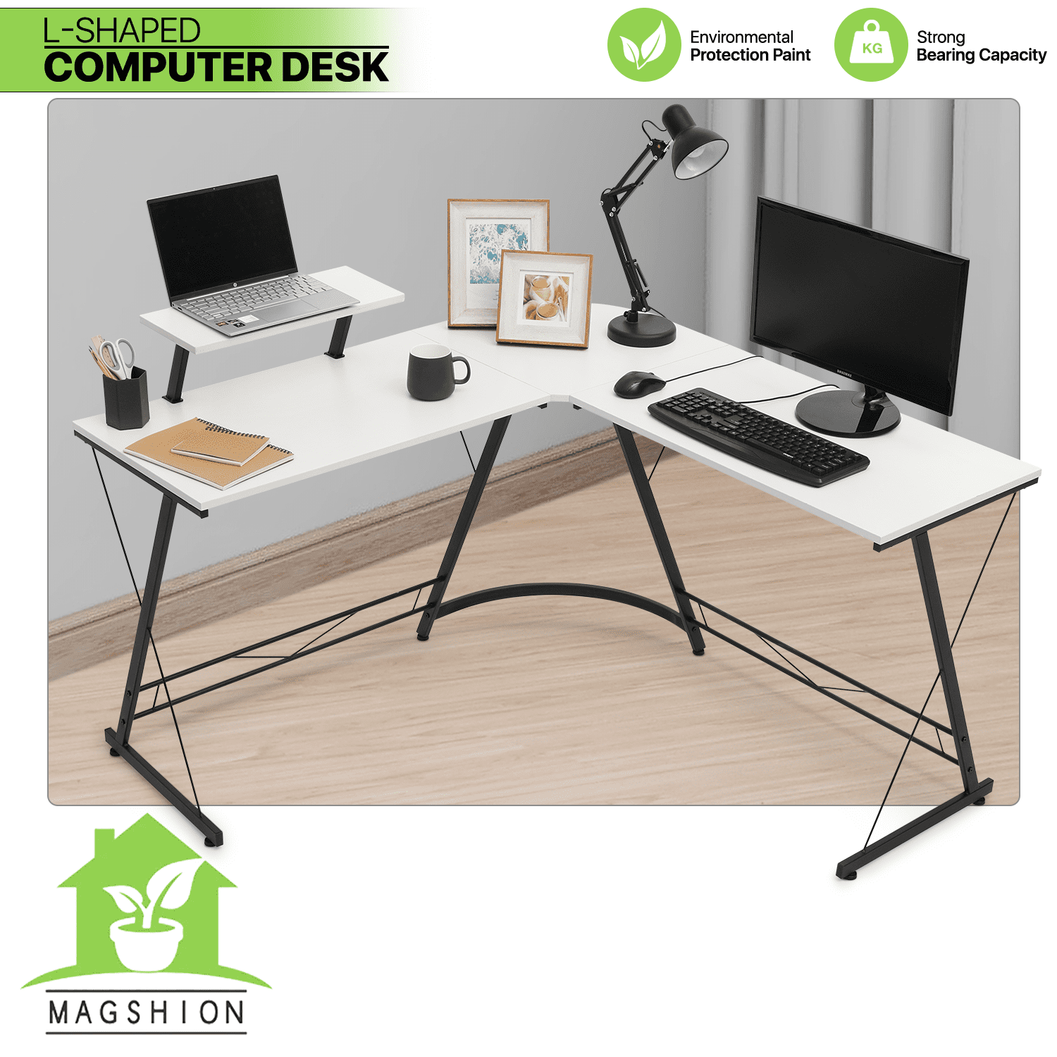 Magshion L Shaped Corner Gaming Desk, Computer Writing Office Table with Monitor Stand