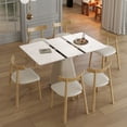 thumbnail image 2 of 7-Piece Retractable Rock Slab Dining Set, Modern Expandable Table + 6 Wooden Leg Chairs, Leather-Wrapped Base, Space-Saving for Small Apartments, 2 of 9
