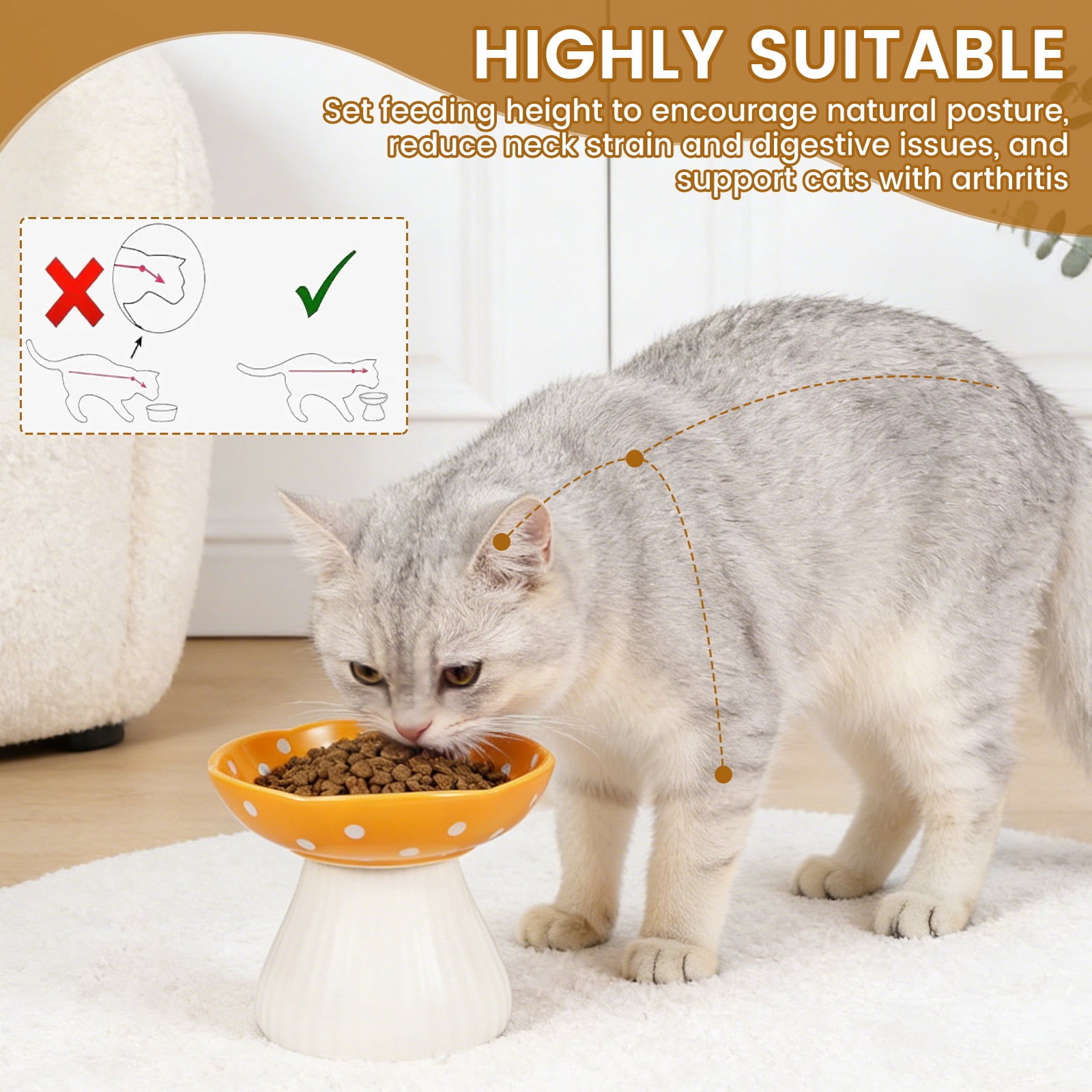 Threns Mushroom Cat Bowl,Whisker Fatigue Cat Bowl,Cute Cat Bowls,Elevated Cat Food Bowl, Lead & Cadmium Free Ceramic Cat Bowls for Food and Water,(Red+Yellow)