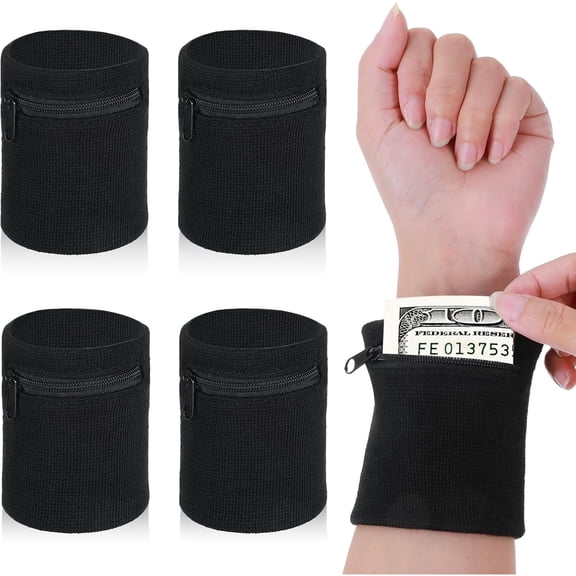 TELOLY Wrist Wallet 4 Pack Black, Wrist Sweatband with Zipper, Breathable Ankle Pouch for Keys Cards, Wrist Pocket for Gym Running Hiking Jogging, Sports Wristband Wallet for Men Women