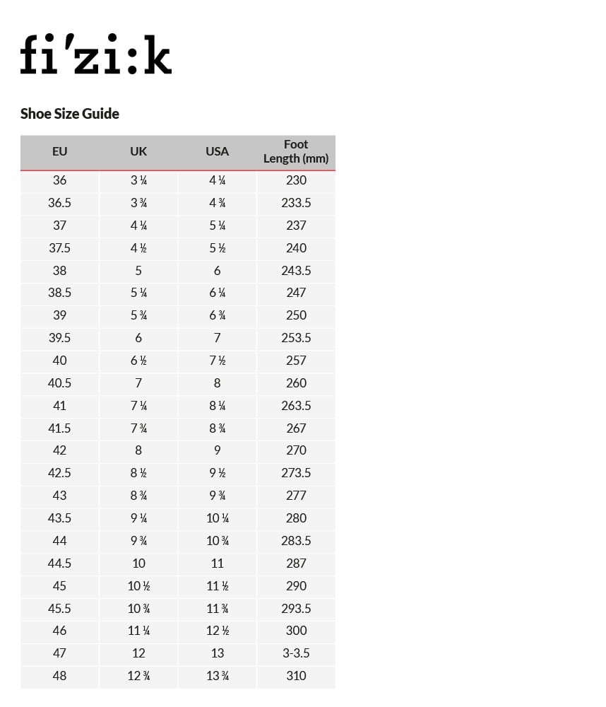 Fizik Infinito R1 Size Chart