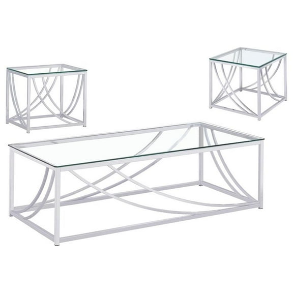 Pemberly Row 3-Piece Glass Top Metal Coffee End Table Set in Chrome