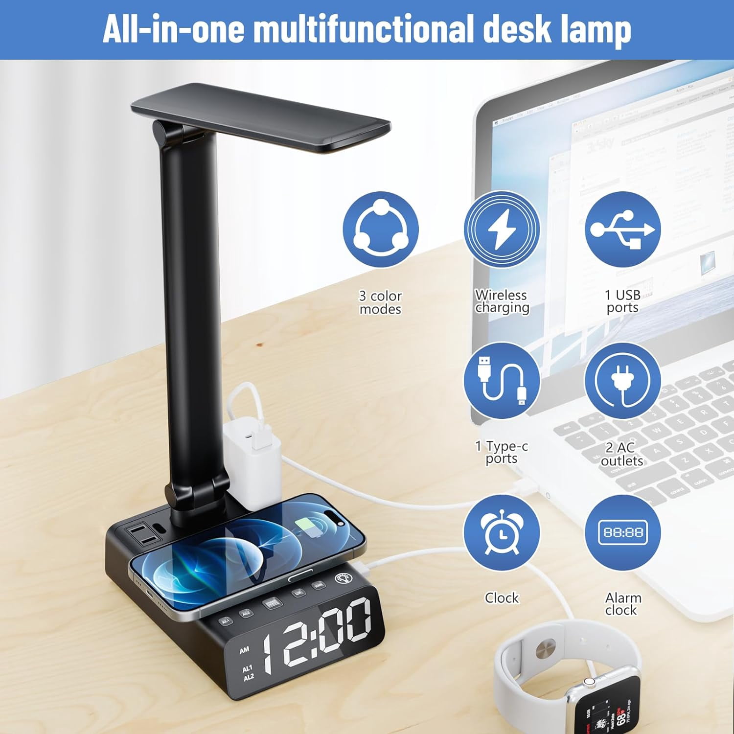 Desk Reading Lamp - 3 Adjustable Brightness Levels with USB C and A Ports - Black Alarm Clock Bedside Lamp with Wireless Charging for Reading Lighting