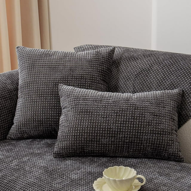 Nvzi Juego de 2 fundas de almohada de chenilla a cuadros estilo rústico para sofá cama, fundas de cojín con mechones suaves (gris oscuro, 45,7 x 45,7 cm)