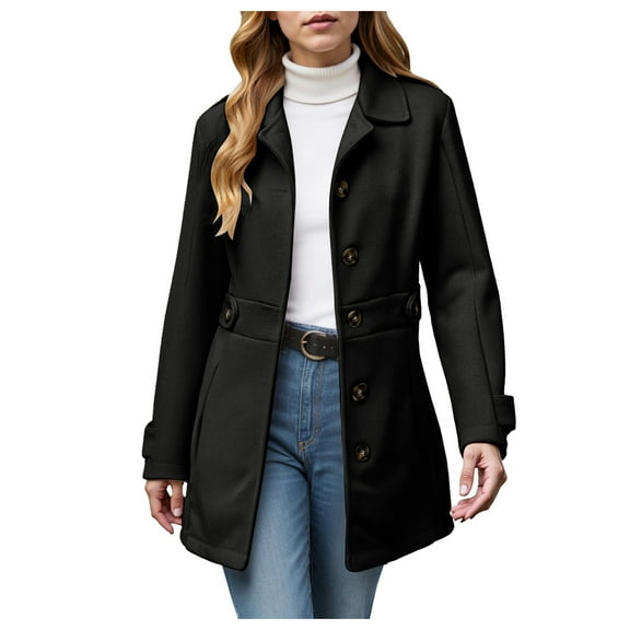 Quealent Pea Coats For Women Wool Blend Thicken Stand Collar Single Breasted Trench Coat Fashion A-Line Fall Winter Jackets Black for Size S