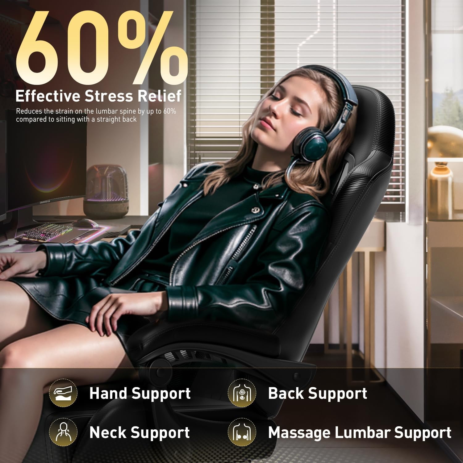 HLDIRECT Ergonomic High Back Gaming Chair with Pocket Spring Cushion, Game Chair with Footrest & Lumbar Massage, Gamer Chair, Computer Chair for Adults, Black