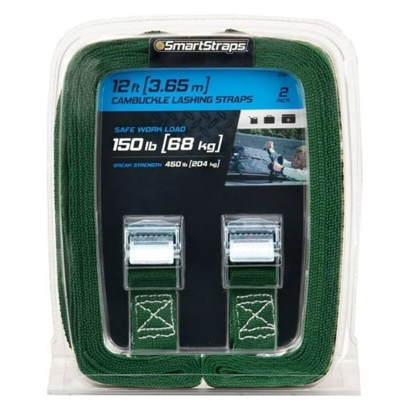 SmartStraps Light Duty Lashing Tie Down Straps with Cambuckle, 1" x 12 ft, Green, 2-Pack