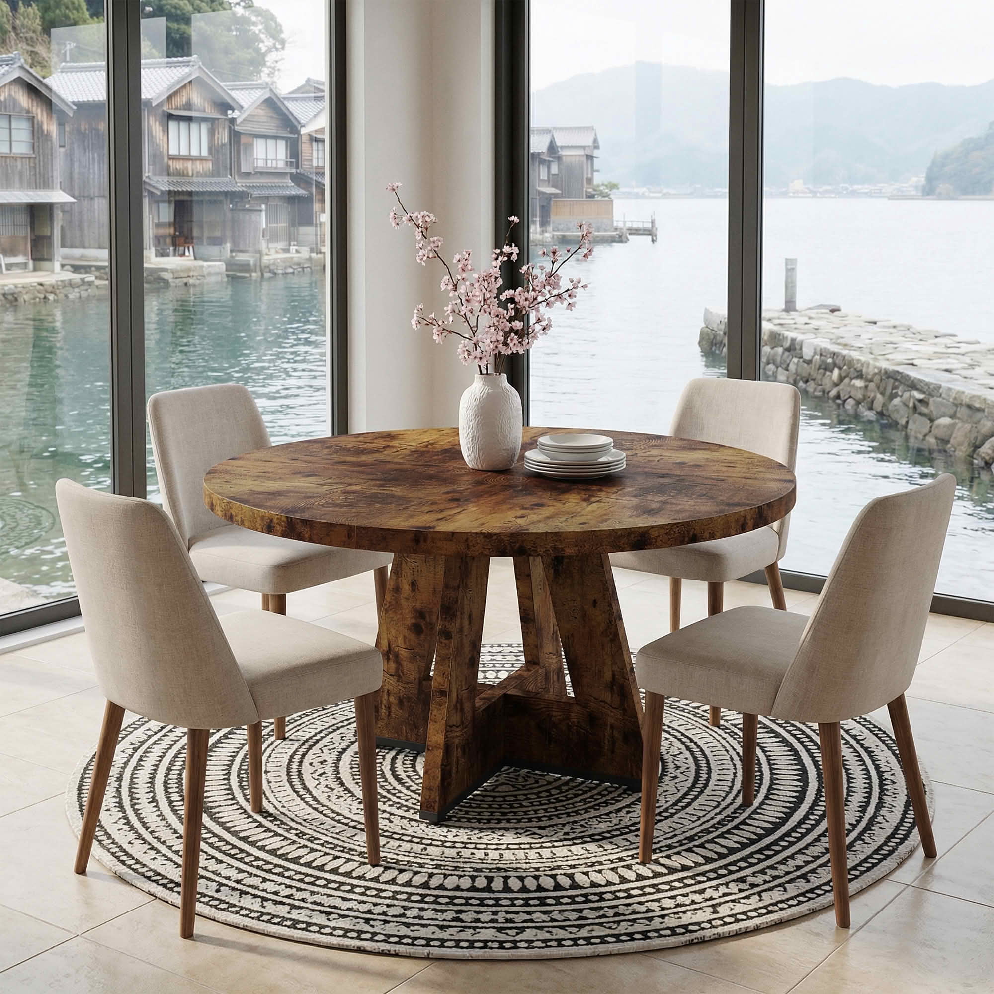 MAYEERTY 47 Inch Farmhouse Round Dining Table, Wooden Kitchen Dinner Table for 4 People with Sturdy Metal Frame