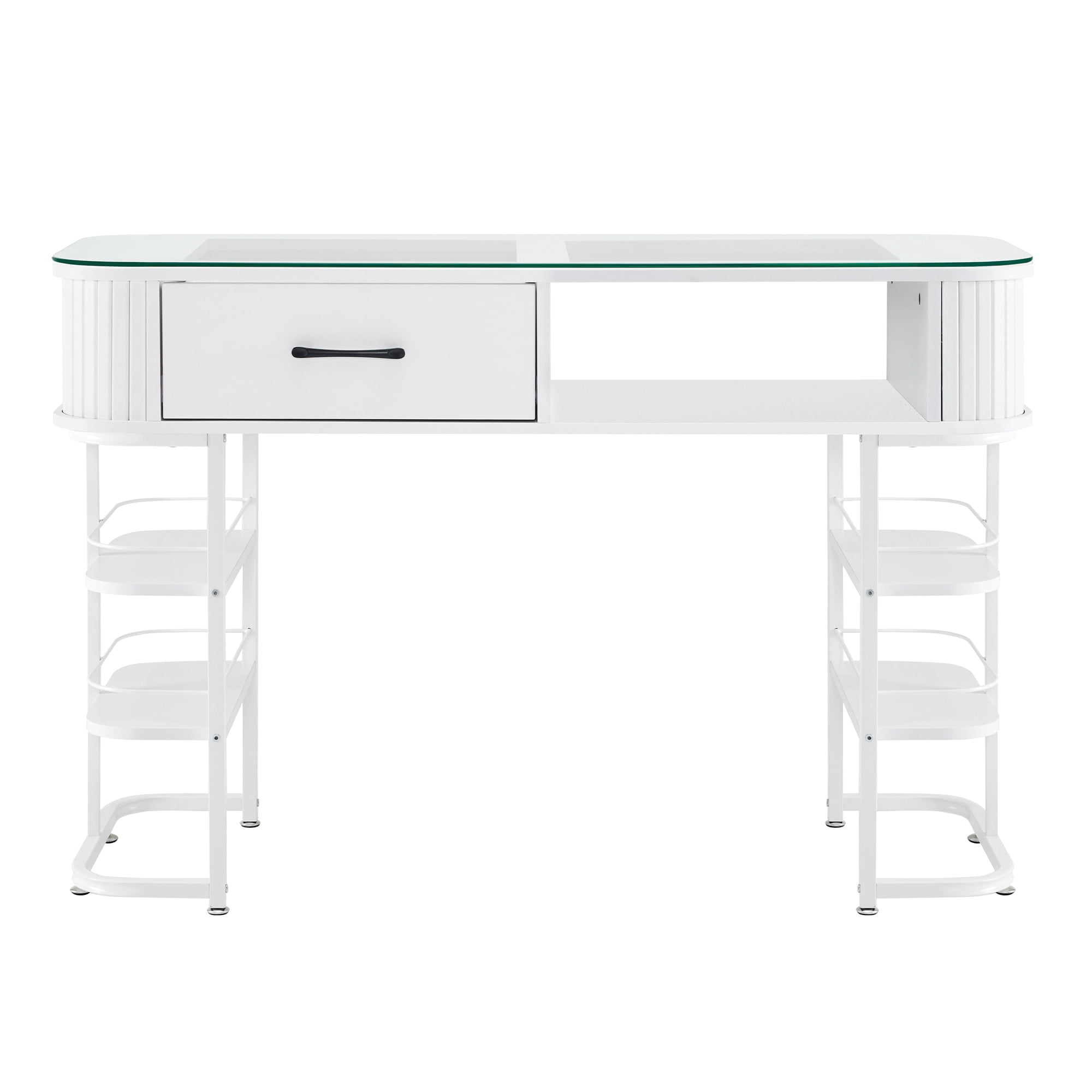 BarberPub Manicure Table Acetone-Resistant Nail Tech Desk with Glass Top, Storage Shelves Beauty Makeup Station(White)