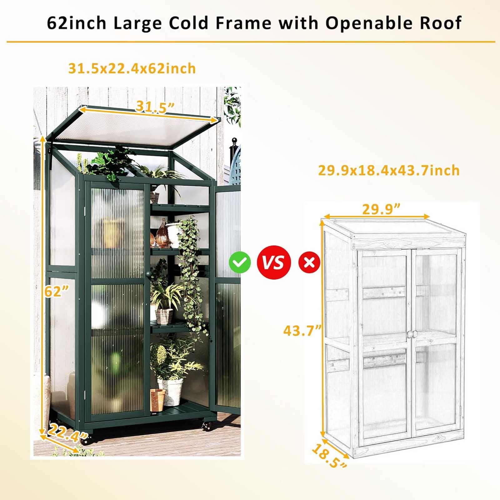 62inch Wooden Greenhouse, Portable Cold Frame with Wheels and Adjustable Shelves for Indoor Outdoor Patio Balcony Garden , 31.5" Lx22.4 Wx62 H, Green