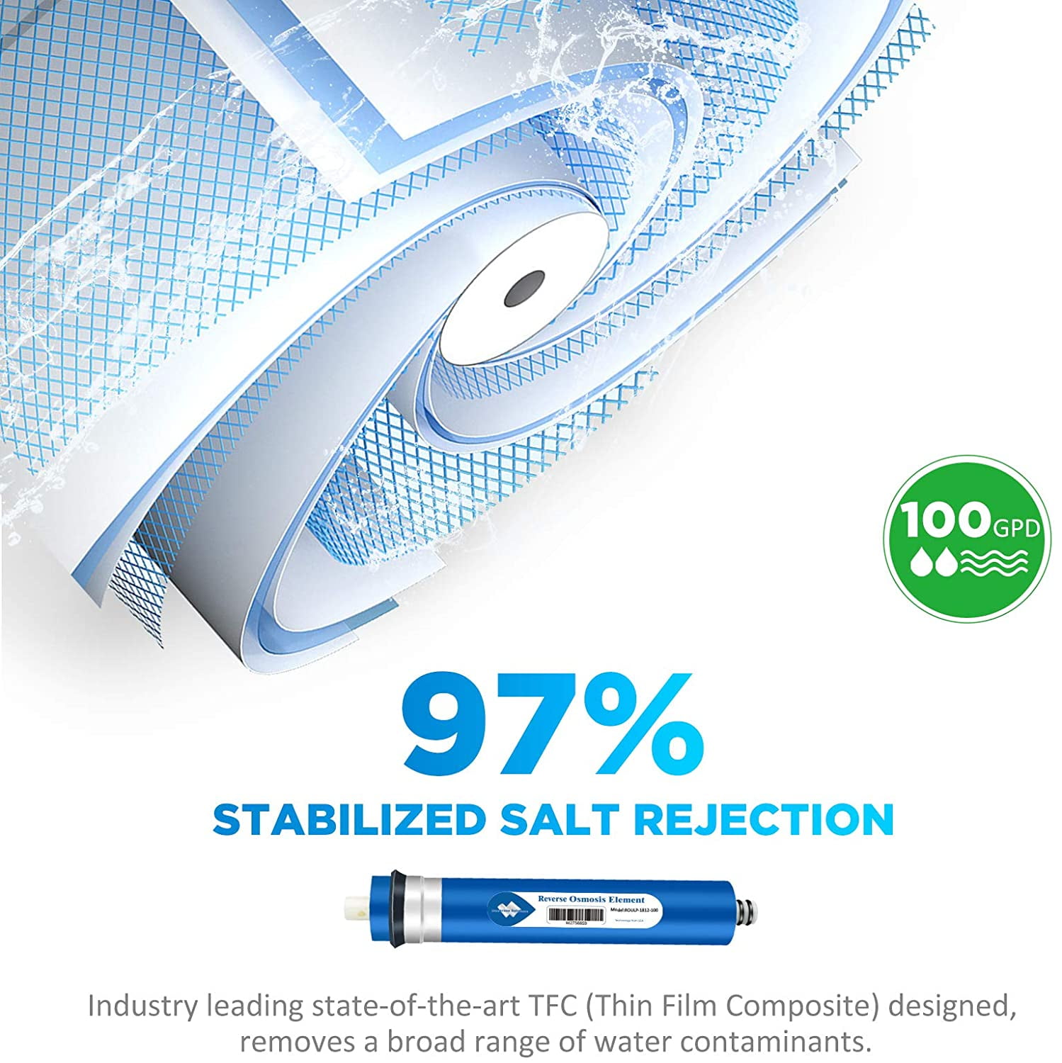 Membrane Solutions Reverse Osmosis Membrane 100G RO Membrane Water Filter Replacement for Under Sink and Reverse Osmosis System, 1 Pack