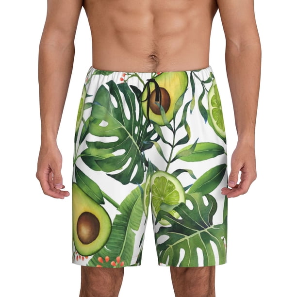 Balery Watercolor Green Tropical Pantalones cortos de pijama de punto de algodón para hombre con cinturilla y bolsillos-Medium