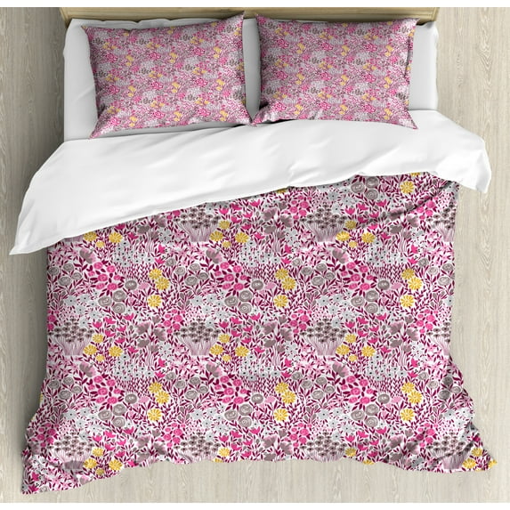 Pink Floral Duvet Cover Set Queen Size, Abstract Garden with Various Flowers Blossom Spring Fun Pattern, Decorative 3 Piece Bedding Set with 2 Pillow Shams, Dark Magenta Multicolor, by Ambesonne