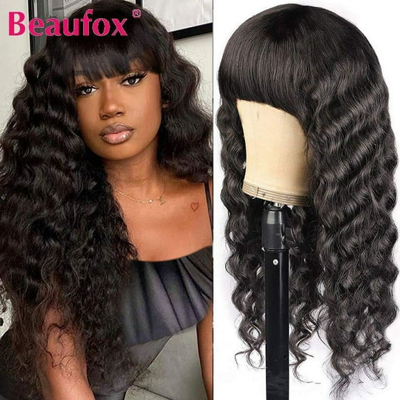 Loose Deep Wave Wig  With Bangs Malaysian Human Hair Glueless
