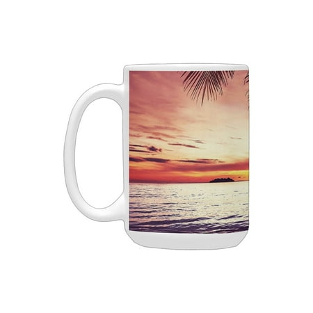 

Palm Tree Decor Tropical Beach under Shadow at Sunset Ocean Waves Serenity in Natural Paradise es Dr Ceramic Mug (15 OZ) (Made In USA)