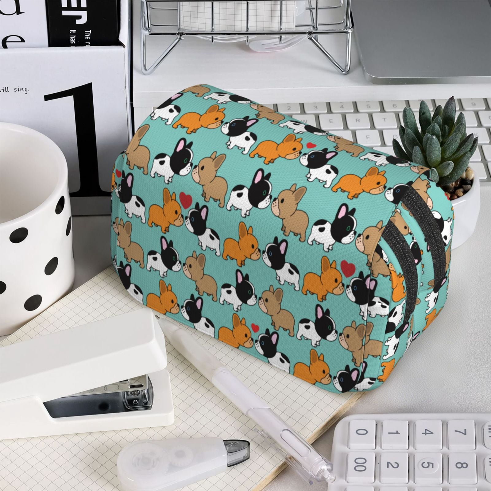 Rateoe Cute French Bulldog Pattern Double Clamshell Pen Case, Storage Organizer with Two Zipper Compartments– Holds Up to 50 Pencils & Pens