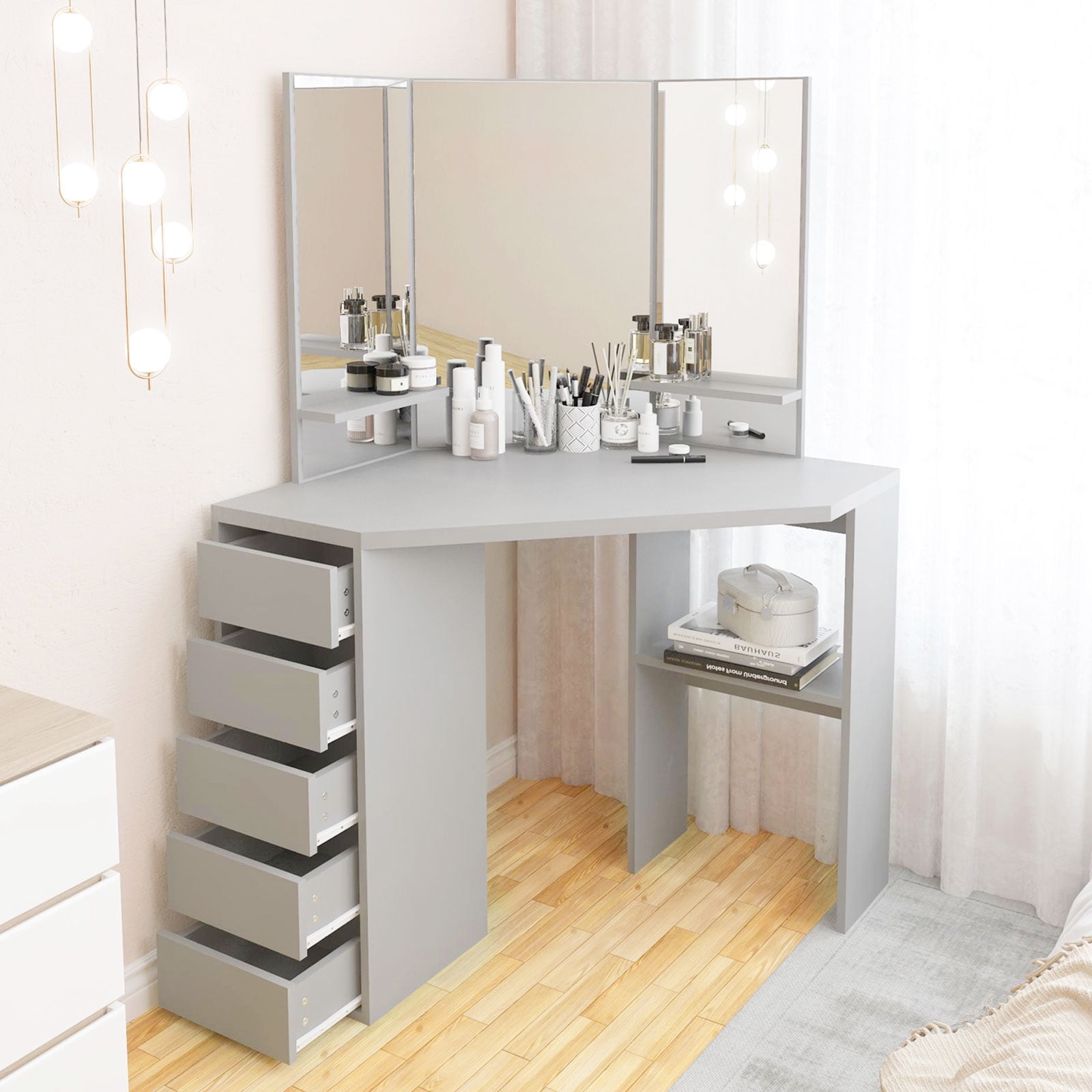 Hironpal Corner Vanity Set with Mirrors, Makeup Vanity Dressing Table