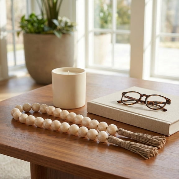 Modern Resin Bead Garland Accent for Home Decor and Bathroom - Soft Neutral Styling Detail for Office, Room and Living Room - Shelf and Coffee Table Decor for Layered Displays - 1", Ivory & Tan