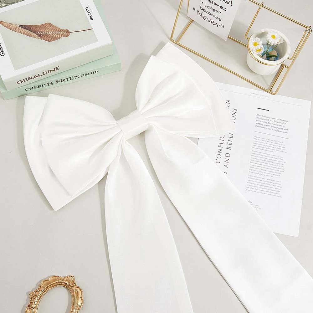 Long White Satin For Dress arge Wedding Pew Bows with Long Tails Detachable Train Waist Sash Belt Bride Bowknot Formal Wedding Accessories