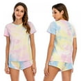 thumbnail image 2 of Femmes 2Pcs Cravate-Teinte Imprimé Pyjamas Ensemble Casual Manches Courtes Tops + Shorts Home Costumes, 2 of 6