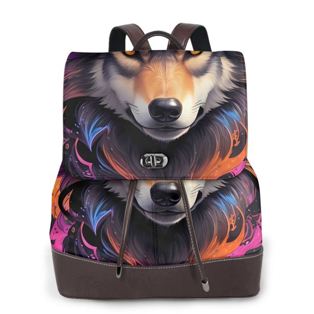 Easygdp Colorful Wolf Head Mochila de Cuero para Mujeres, Bolso de Hombro, Bolsos de Mano de Moda para Trabajo y Viajes