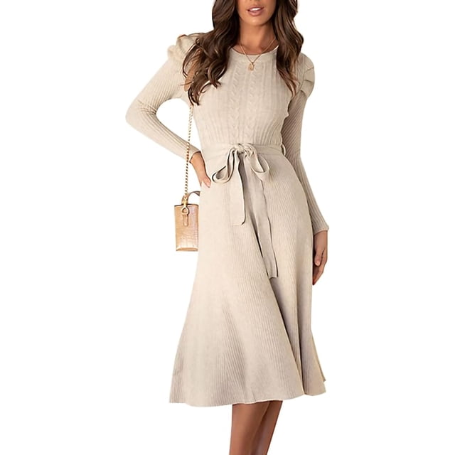 Vestidos de punto elegantes para mujer, vestido tipo suéter, vestido de invierno con cuello redondo