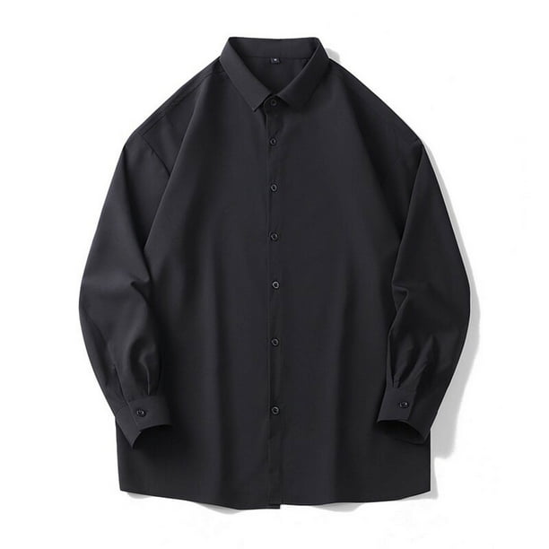 Blusa y camisa de manga larga con cuello vuelto para hombre, moda de color liso, informal, versátil, con solapa y botones, abrigo de poliéster de manga larga para hombre