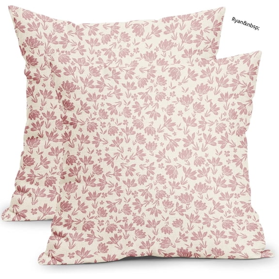 Ryan Pink and Cream Floral Pillow Covers 16x16 Inch Set of 2, Vintage Flower Throw Pillows, Small Floral Print Rustic Farmhouse Cotton Linen Cushion Covers for Couch Decor