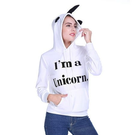 Fancyleo Women's Unicorn Hoodie Sweater Foundation Solid Color Letter Print Loose Thin Hat Unicorn Design Fashion New