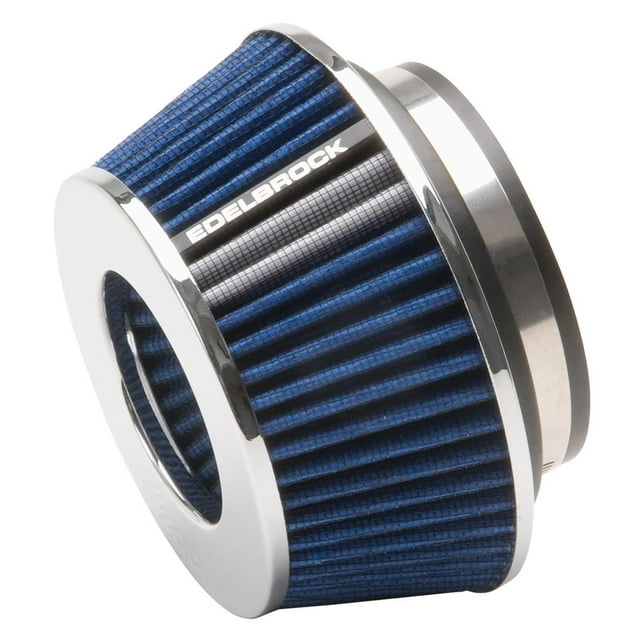 Edelbrock Air Filter 43613 Blue; Round Tapered; 3.70 Inch Height; 3.00/3.50/4.00 Inch Inlet Adapter Rings; With Chrome Top And Base