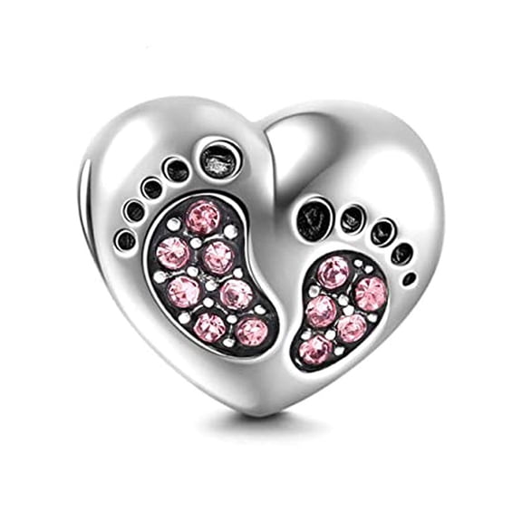 Baby Footprints Heart Charm for Women European Bead CZ Sterling Silver Ginger Lyne Collection