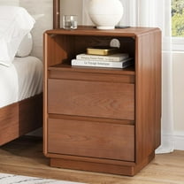 Wood Nightstand with 2 Drawers and Charging Stations, Natural Solid Wood Night Stand Bedside Table with Open Storage Shelf, Brown End Side Table for Bedroom