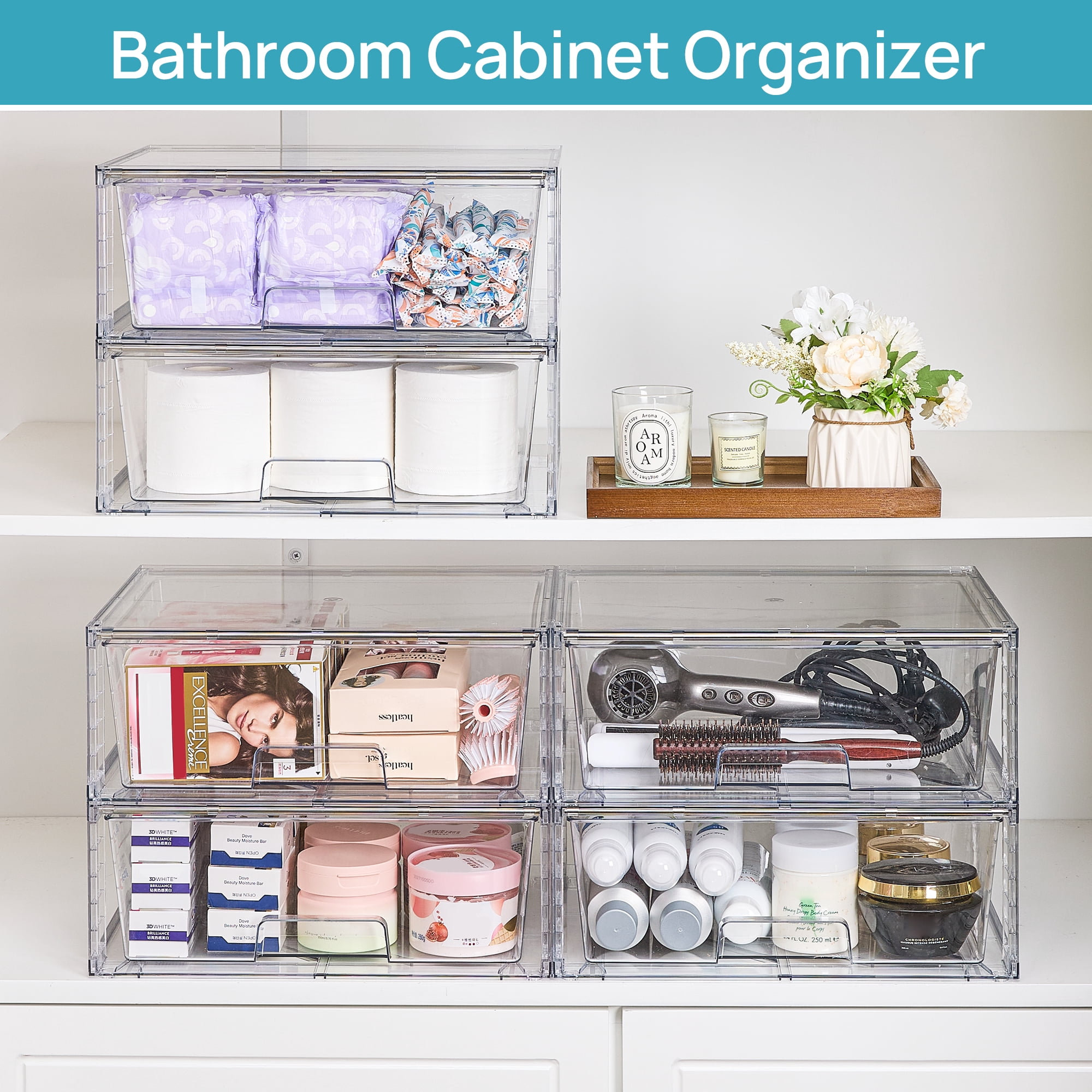 Sindcom 2 Pack Large Stackable Storage Drawers,Easily Assemble Clear Acrylic Makeup Organizer, Bathroom Closet Undersink Organizers, Plastic Storage Bins for Cabinet, Pantry, Medicine Organization