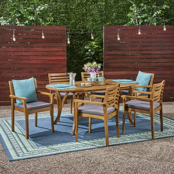 Frederic Outdoor 7 Piece Acacia Wood 70" Oval Dining Set with Carved Legs and Cushions, Teak, Dark Gray